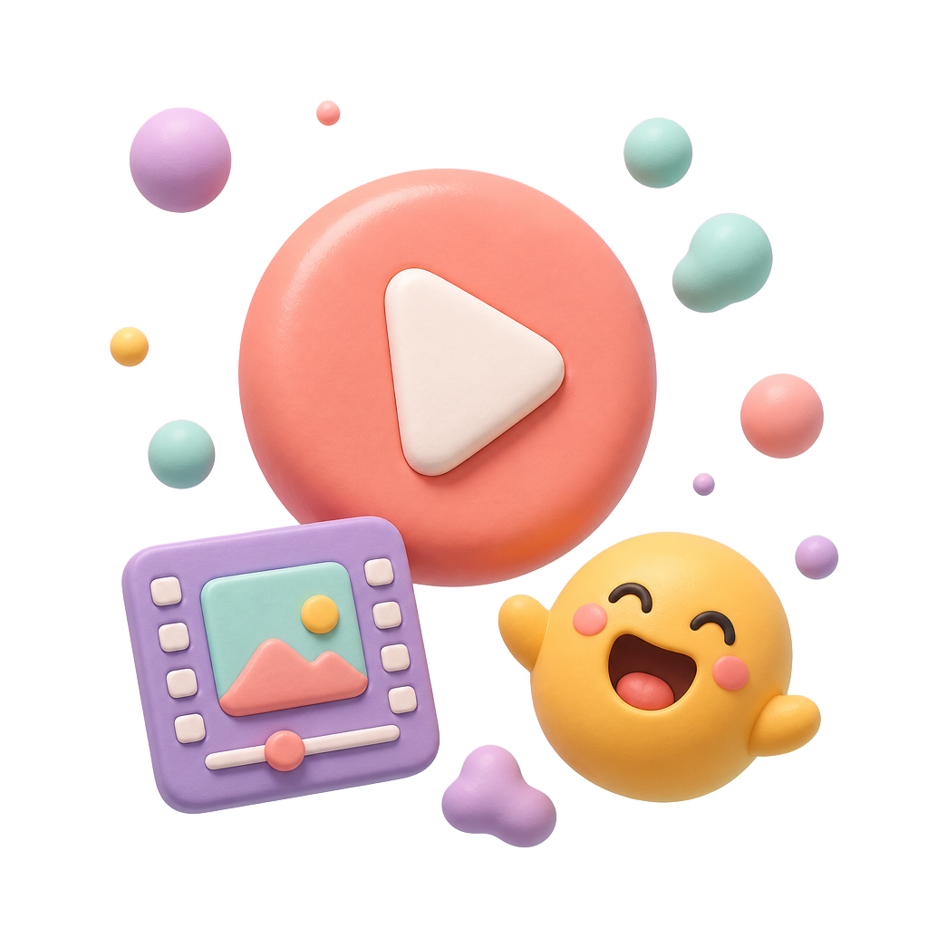 Soft 3D clay illustration of a play button, a video clip and a laughing character